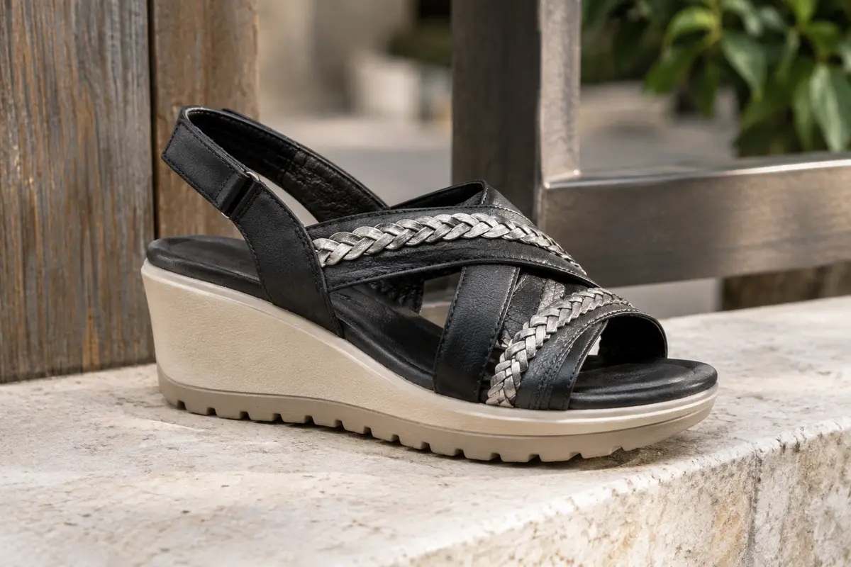 Sandales compensées noires et argentées en cuir, avec brides tressées et semelle crantée