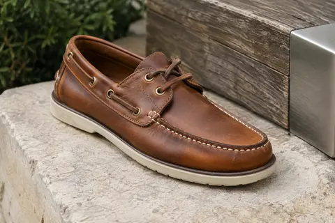 Mocassin bateau à lacets en cuir huilé cognac, posé sur une pierre claire en lumière naturelle.