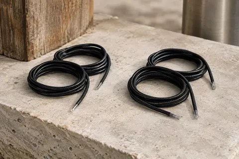 Quatre lacets ronds noirs en coton ciré, légèrement brillants, posés sur une pierre claire.