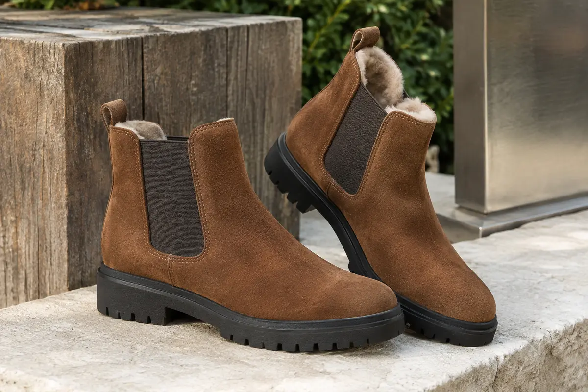 Bottines Chelsea en daim châtaigne avec doublure douce et semelle extérieure crantée, posées sur une pierre claire.