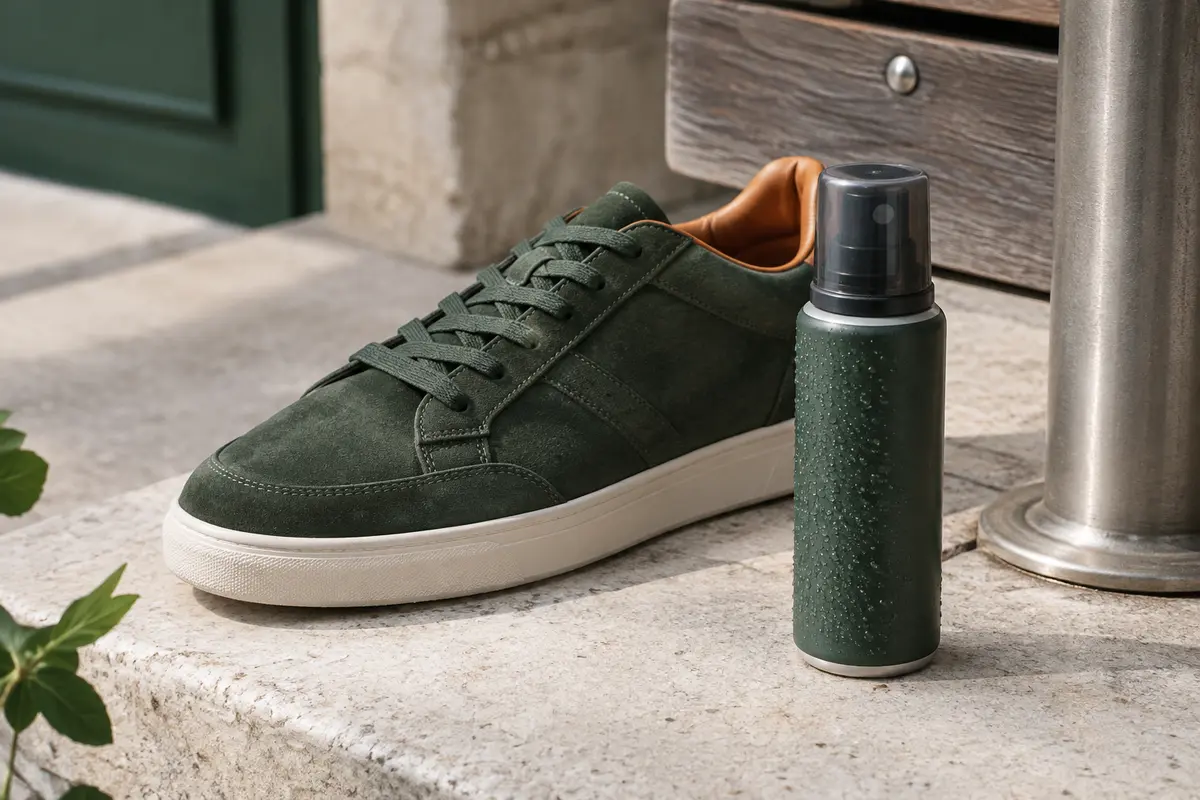 Produit imperméabilisant neutre posé près d’une chaussure de ville sur une pierre claire.