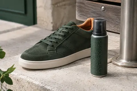 Produit imperméabilisant neutre posé près d’une chaussure de ville sur une pierre claire.