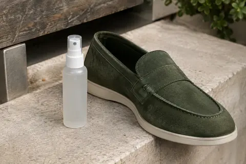 Spray protecteur compact posé près d’une chaussure en daim sur une pierre claire
