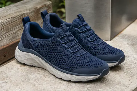 Paire de baskets Skechers bleu marine à enfiler, en maille diamant avec semelles géométriques.