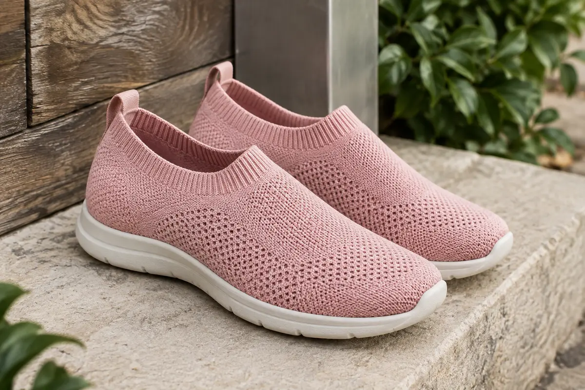 Baskets STQ roses en maille respirante, sans lacets, posées sur une pierre claire dans un décor urbain sobre.