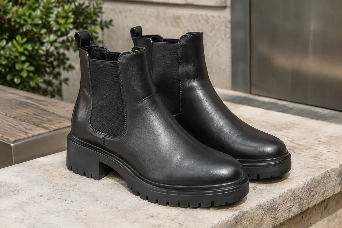 Paire de bottines Chelsea Tamaris en cuir noir, avec inserts élastiques et semelle structurée.