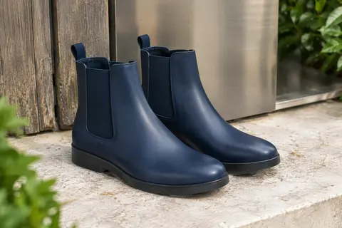 Paire de bottines Chelsea Tamaris bleu navy à pointe ronde et talon plat, posée sur une pierre claire en décor urbain.
