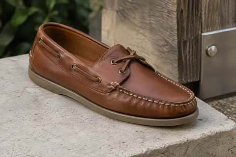 Chaussure bateau TBS Phenis en cuir marron havane posée sur une pierre claire dans un décor urbain sobre