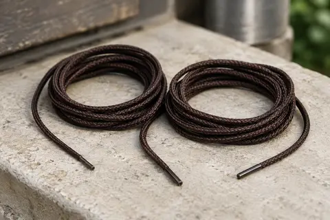 Paire de lacets ronds cirés marron posée sur une chaussure de ville en cuir