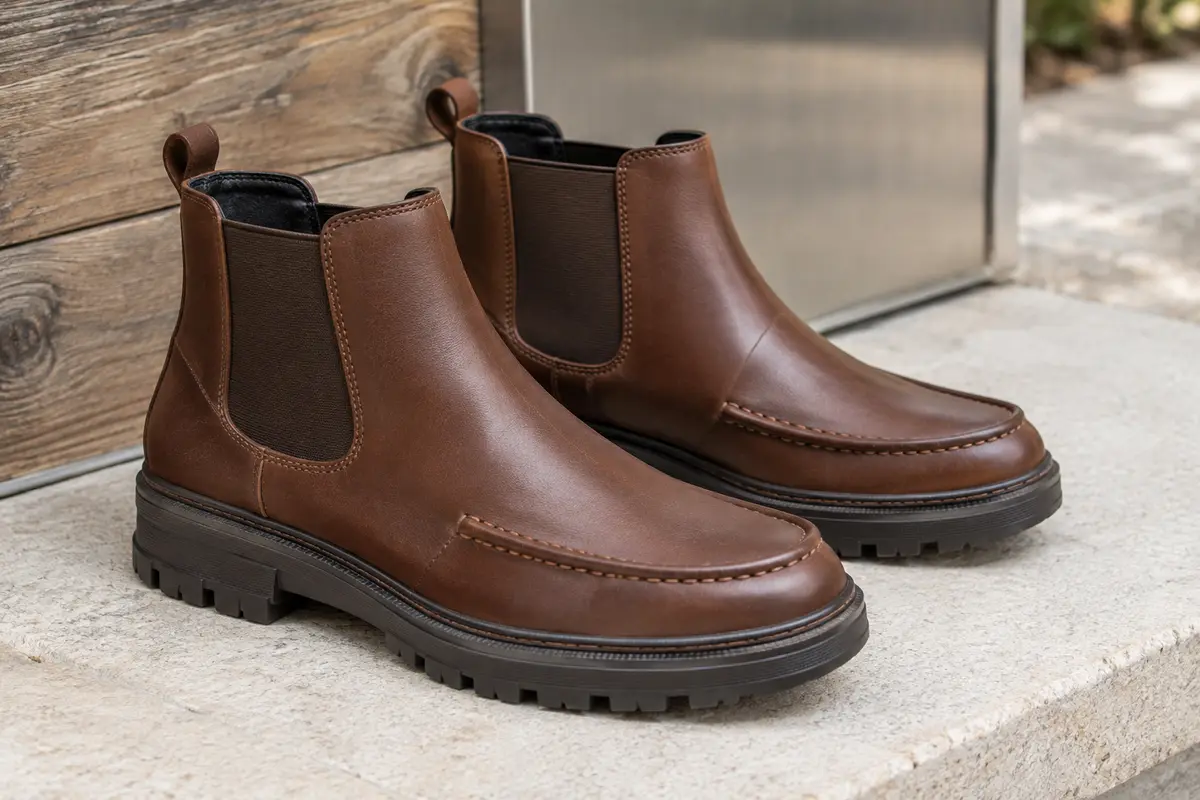 Bottines Chelsea marron en matière synthétique, avec côtés élastiques et semelle en caoutchouc à relief