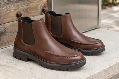 Bottines Chelsea marron en matière synthétique, avec côtés élastiques et semelle en caoutchouc à relief
