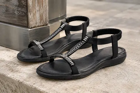 Paire de sandales noires à brides élastiques et strass posée sur une pierre claire en décor urbain