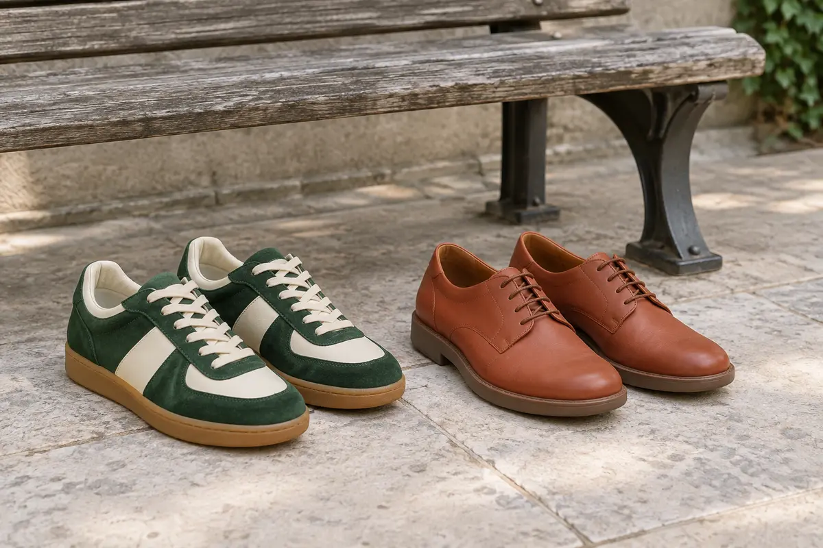 Baskets de ville et chaussures basses posées sur pierre claire dans une lumière naturelle douce